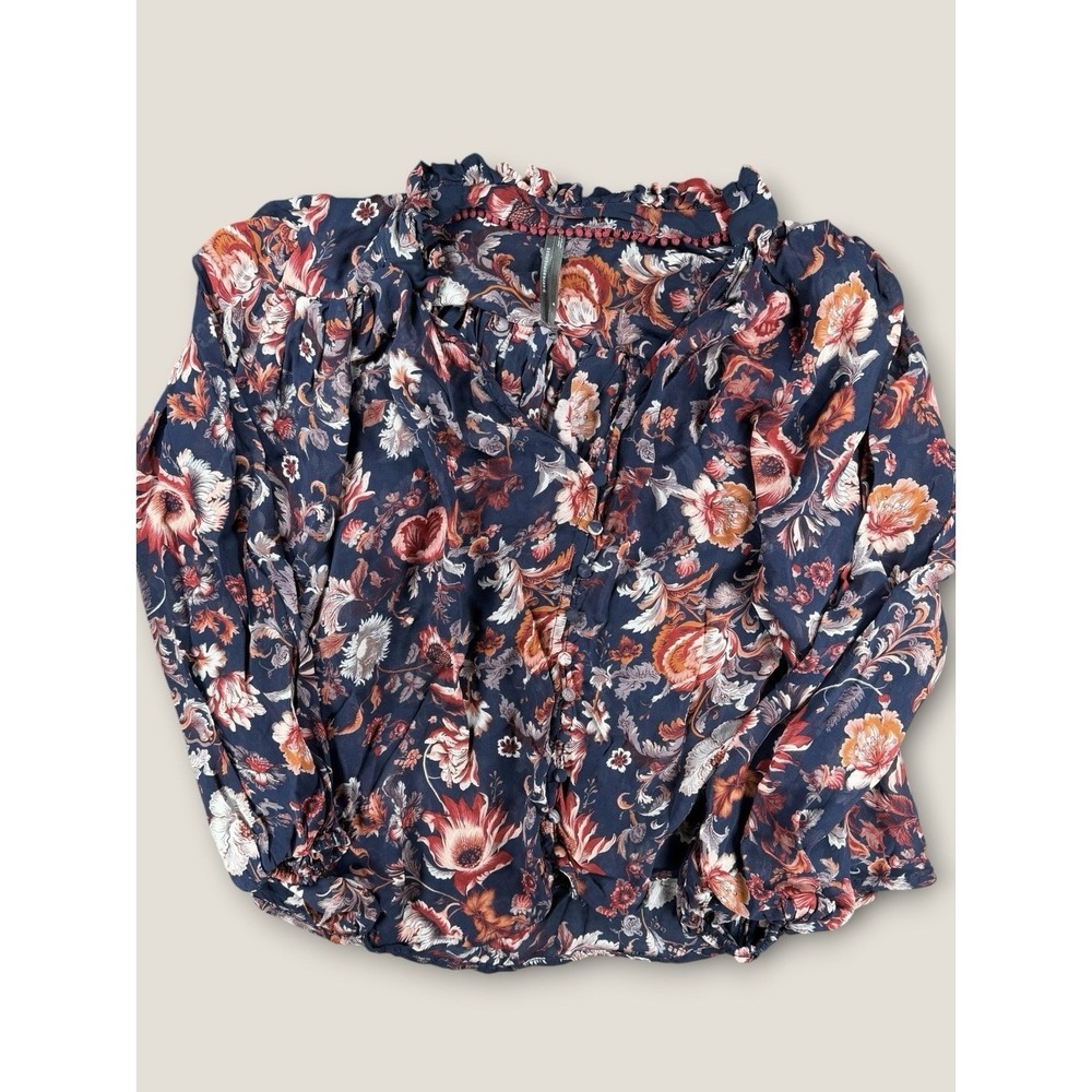Anthropologie Floral‎ Blouse Medium Navy Blue Red Boho Pom Trim Peasant Top